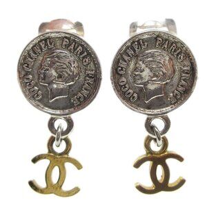 Chanel Medallion Charm Dangle Earrings Gold Silver Clip-On